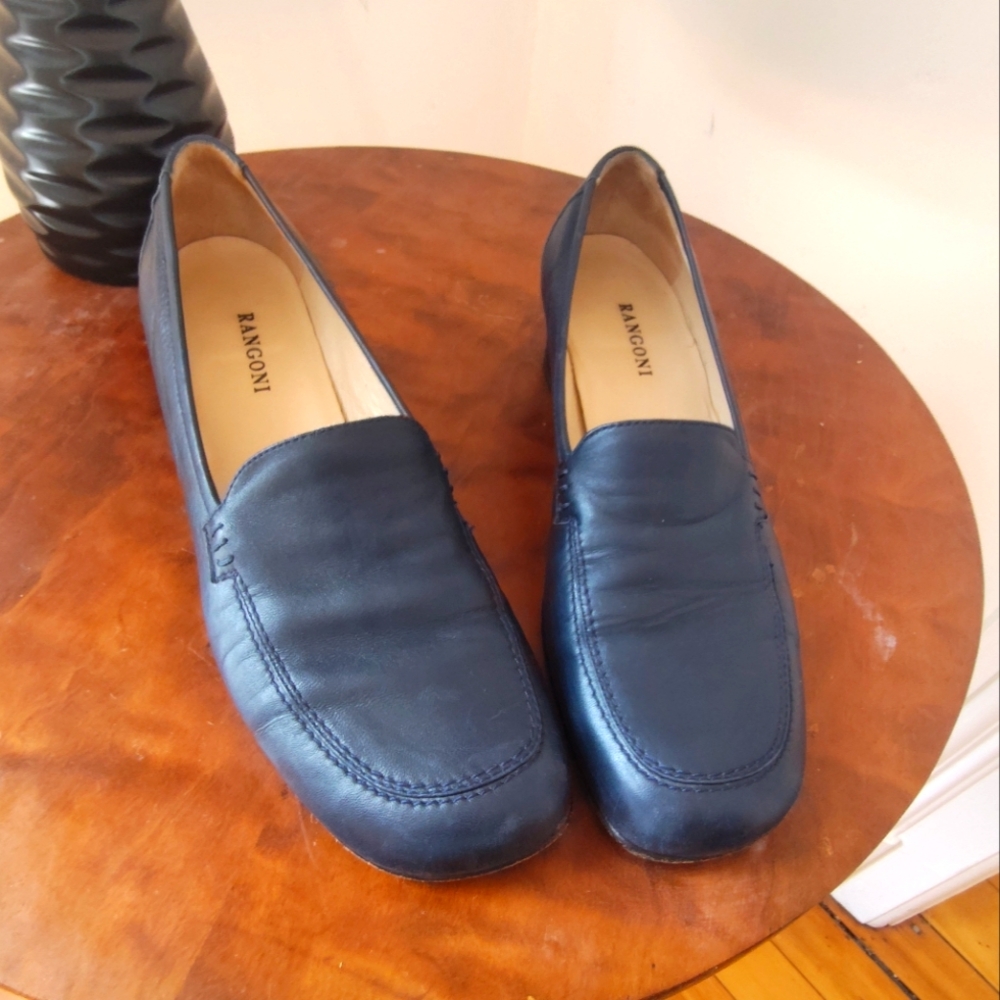 Rangoni Firenze all leather block  heel, square toe navy  loafers